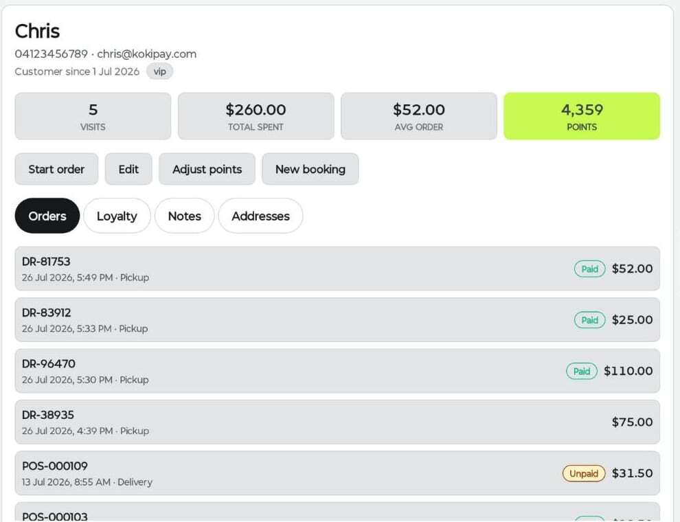 Kokipay customer profile with visits, total spent and loyalty points